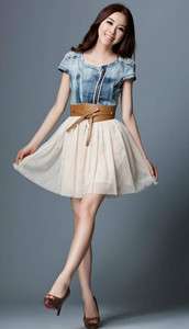 Vintage Retro Jean Denim Party Dress Lady Blue Top White Skirt With 