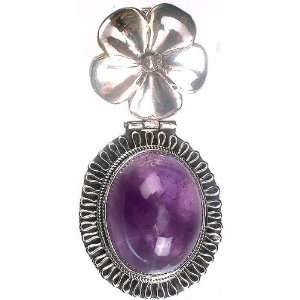 Amethyst Oval Pendant with Filigree and Flower Bale   Sterling Silver