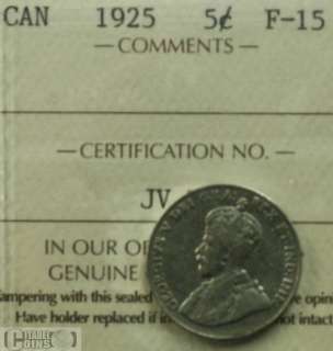 1925 canada 5 cents iccs graded f 15 iccs registration jv 784