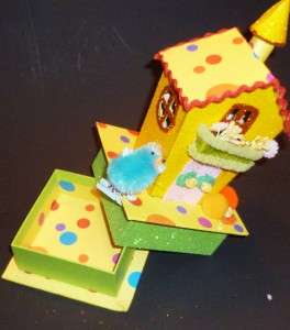 Yellow Polka Dot Glitter Cardboard Putz Easter House Cottage w 