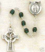 EMERALD CRYSTAL MIRACULOUS MEDAL ROSARY W/ CELTIC CROSS  