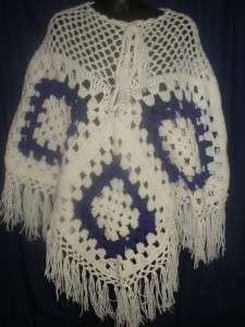 VTG Groovy Purple and White Crochet Poncho Cape Handmade Retro 1S18 