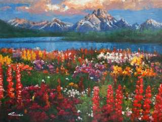 Spring Landscape Snow Mountains Lake Red Flowers 24X36 STRETCHED Oil 