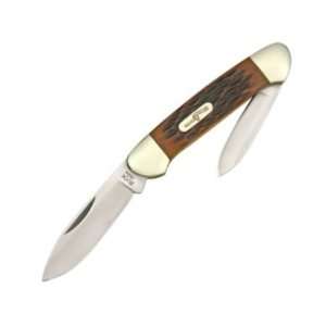 Buck Canoe. 3 1/2 closed. 420 stainless spear and pen blades. Amber 