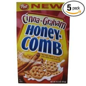 Post Honey comb Cereal, Cinna Graham, 14.5 Ounce Boxes (Pack of 5 