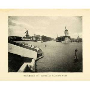  1899 Print Delfhaven Sluice Pilgrims Quay Windmill 