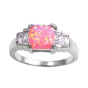Sterling Silver 9mm Clear CZ & Pink Lab Opal Ring (Size 5   9)   Size 