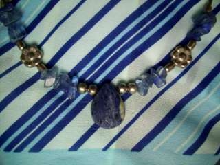   Necklace Silvertoned with Blue Stone and Glass Bead Accents  