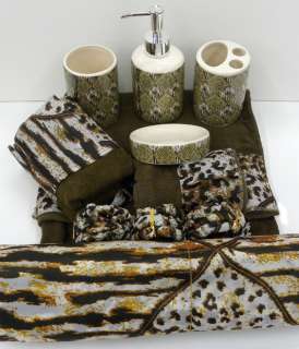   Bathroom Ceramic Set, Shower Curtain and Towel Set Tiger, Leopard Skin