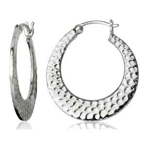   Silver High Polish Hammered Textured Flat Disc Hoop Earrings Jewelry