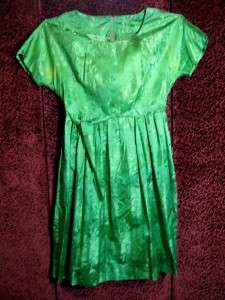 Vintage 1950s Green Satin Shirtwaist Dress~Extra Large~Mad Men~Metal 