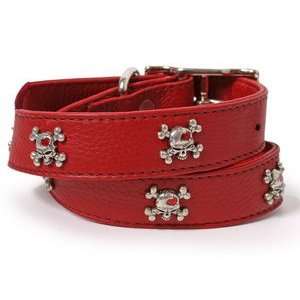  Skull and Cross Bones Leather Collar 16X3/4 RED Pet 