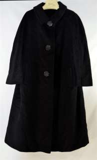 Vintage Black Thick Wool Womans Coat with 3 Large Carved Flower 