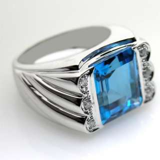 10.4ct. Topaz Mens Ring in 14K White Gold with Diamond Size 10  