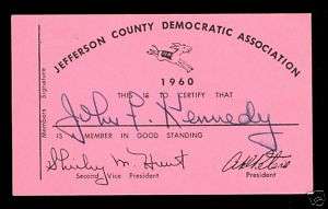 1960 JOHN F KENNEDY JEFFERSON COUNTY DEMOCRATIC CARD  