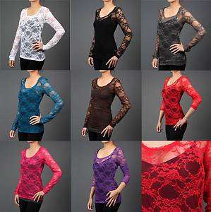 Womens Sheer Floral Lace Long Sleeve Top Evening Juniors Stretch Shirt 
