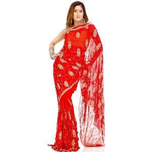   Bridal Red Sari with Sequins and Beads   Georgette 