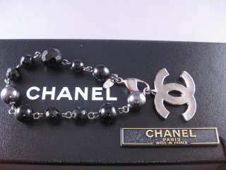 Auth CHANEL 00V Huge Silver CC Blk Pearl Beads Bracelet  