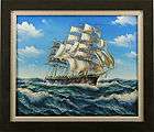 Blue Sky Ocean Sea Waves Old World Sail Ship Boat Art FRAMED OIL 