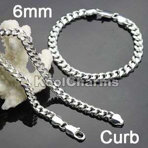 6mm Curb Men Silver Necklace Chain Bracelet Fashion Charming SET SC6 