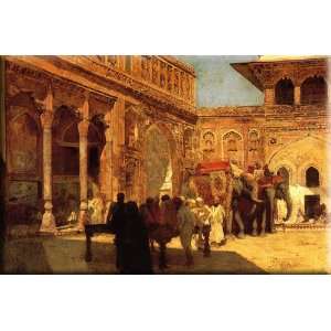 Elephants and Figures in a Courtyard, Fort Agra 16x11 Streched Canvas 
