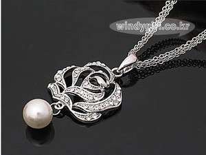 Rose Flower Nice Pearl Silver Color Fashion Necklace  