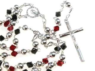White Rosary and Crystal Bead Cross Necklace Black/Red  