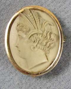 Antique Lava Cameo Pin Roman Goddess 14K Gold Victorian Italian Grand 
