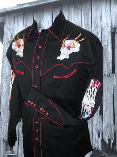 6769 Flaming Embroidered Skull Rockmount Western Punk Cowboy Shirt Med
