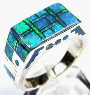 Blue Fire Opal Inlay 925 Sterling Silver Mens Ring size 9, 10, 11 