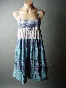 TIERED Peasant Boho Plaid Mixed Print Skirt Dress S  