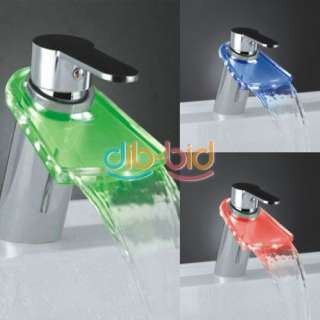 RGB Bathroom Rectangle Sink Glass LED Light Waterfall Faucet Mixer 