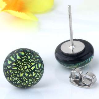 Green Dichroic Lampwork Glass@ Round Ear Studs Earrings  