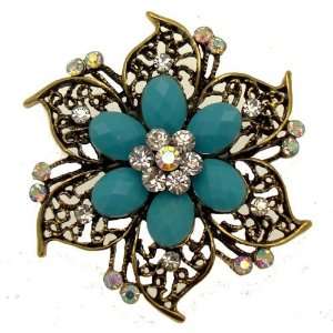   Turquoise Bead & Crystal   Vintage Flower Brooch (Antique Gold Tone