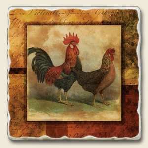  Hen & Rooster Tumbled Stone Coaster Set