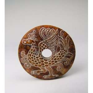  one Carved Jade Bi Disk with Coiled Phoenix Pattern 