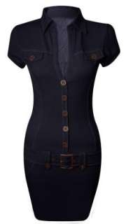 NEW WOMENS LADIES BELTED BODYCON BUTTON COLLAR DRESS TOP UK SIZE 8 14 