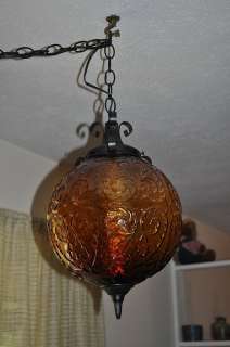 vintage AMBER IVY GLOBE ELECTRIC SWAG LAMP LIGHT RETRO DECO  