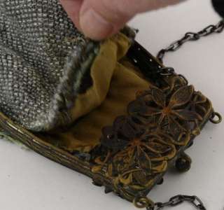 Antique Art Nouveau Brass Frame Silver Glass Beaded Silk Purse Handbag 