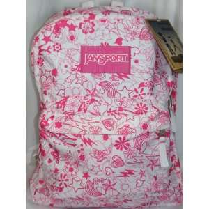  Jansport Classic Superbreak Backpack White and Pink Doodle 