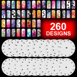 Set 11 260 Airbrush Nail Art STENCIL DESIGNS 20 Template Sheets Kit Brush  Paint