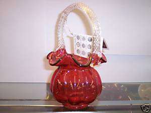 Fenton Country Cranberry Mini Basket With Clear Handle  