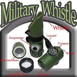 in 1 Military Style Emergency Whistle Survival Kit   Compass LED Light 