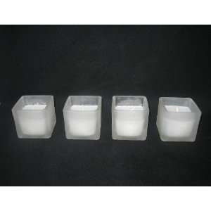  24 White Votive Candles in Square Frost Glass Holders Burn 