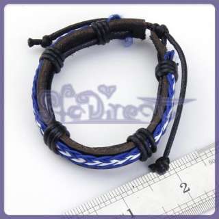 White Blue Surfer Leather Braided Bracelet Wristband  