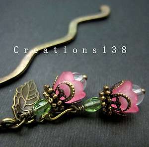   Pink Lucite Flower Glass Beaded Metal Bookmark Christmas Gift  