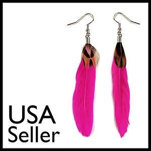REAL FEATHER EARRINGS PAIR PINK Magenta Single Bird Dangle NEW 