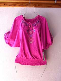 NEW~Candy Pink & Colorful Floral Embroidered Rose Boho Peasant Top~8 