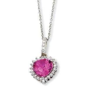 Sterling Silver 100 facet Heart Created Pink Sapph CZ Necklace   18 