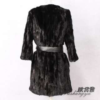 TOP new womens black genuine real mink fur long warm coat jacket all 